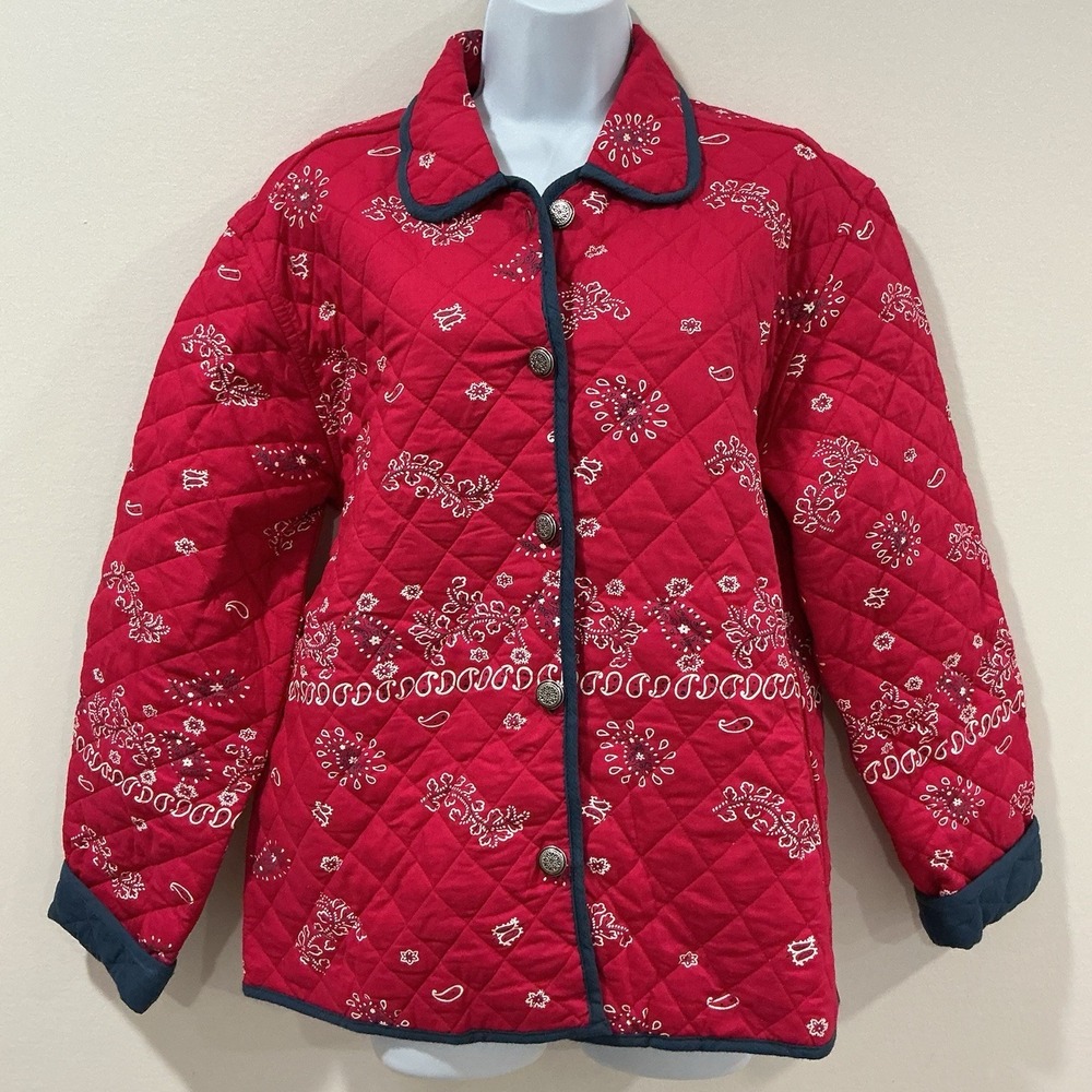 Red Bandana Print Reversible Jacket Womens Size Medium Quilted Button Country